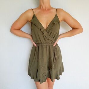 Express army green ruffle trim surplice wrap spaghetti strap mini dress medium